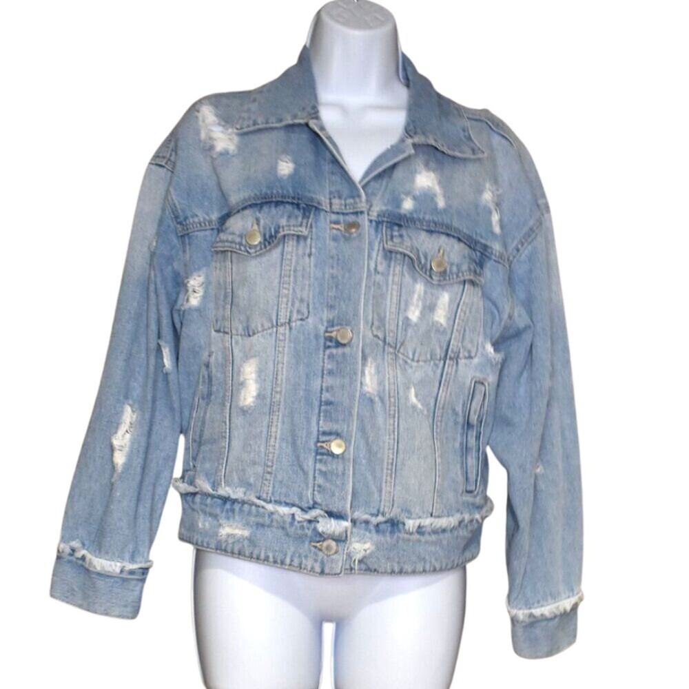 Just USA Denim Jacket Womens Medium Blue Distressed Tucker Jean Jacket Grunge
